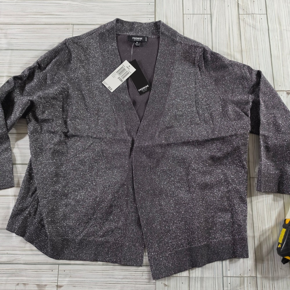 Premise Studio Women 0X Metallic Shrug Cardigan Iron Lurex Open Front Knit Grey